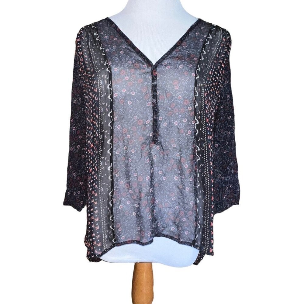JOIE‎ FLORAL SILK SHEER BLOUSE ROLL TAB SLEEVES BLUE Style J058-23088 Women XS